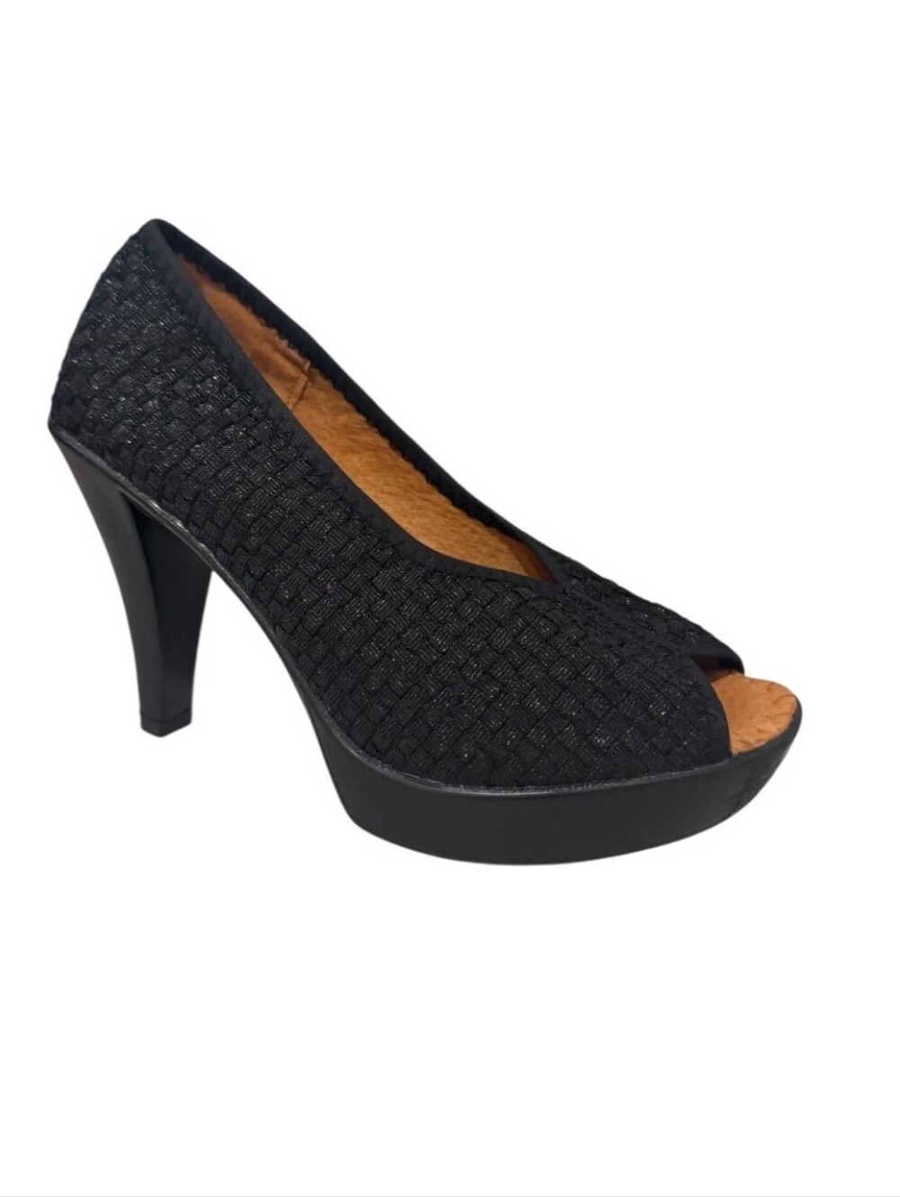 bernie mev. Black Woven Elastic Open-Toe Platform Pump - Sz 40 (New)